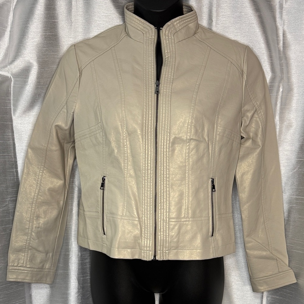 Giacca Moto Jacket Women’s Large Faux Leather Beige Lightweight Y2K Lined